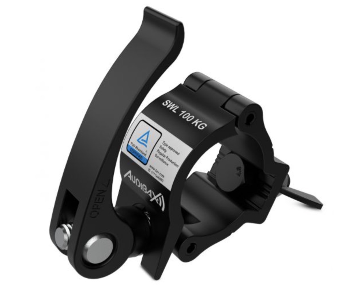 Garra negra para truss 100kg para sujeción de iluminación en eventos