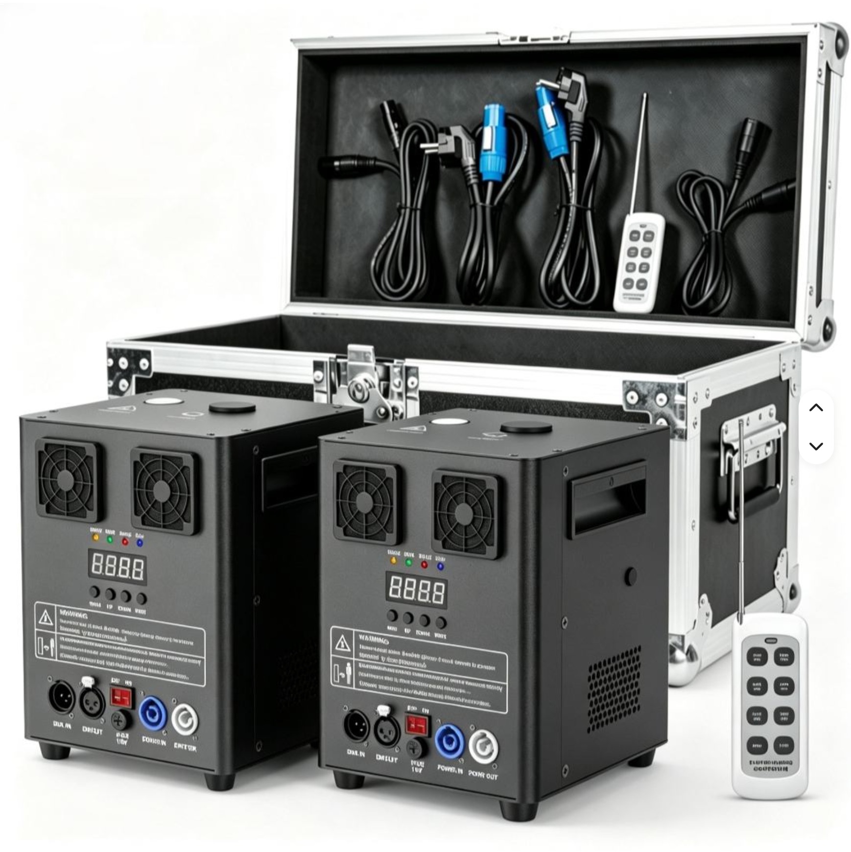 Dos máquinas de chispas frías con flightcase y mandos para eventos